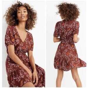 Madewell Ruffle-Wrap Dress in Windowbox Floral 8 Brown Boho Fit Flare $139 MSRP